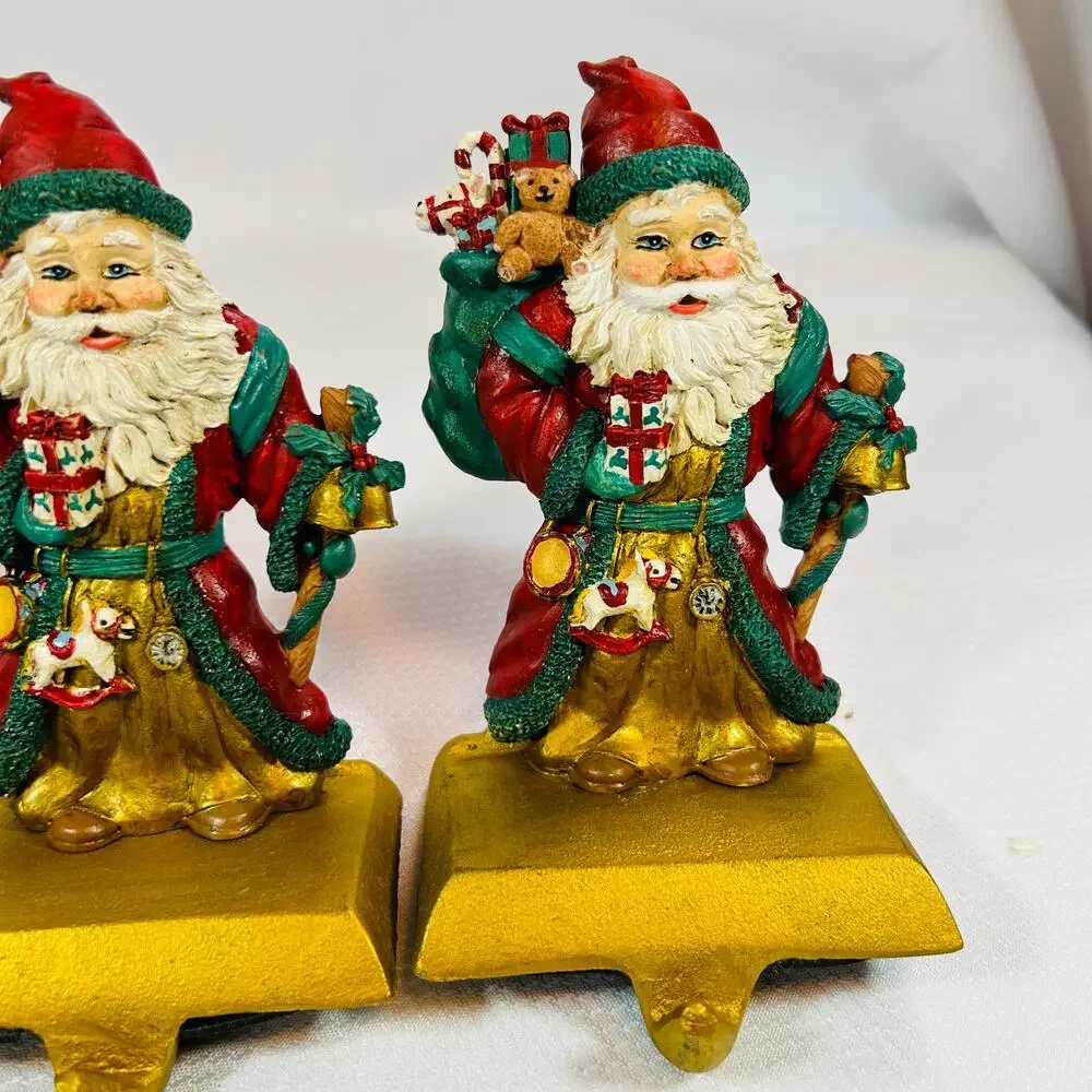3 Cast Iron Base Hand Painted Santa Stocking Holder Vintage Christmas